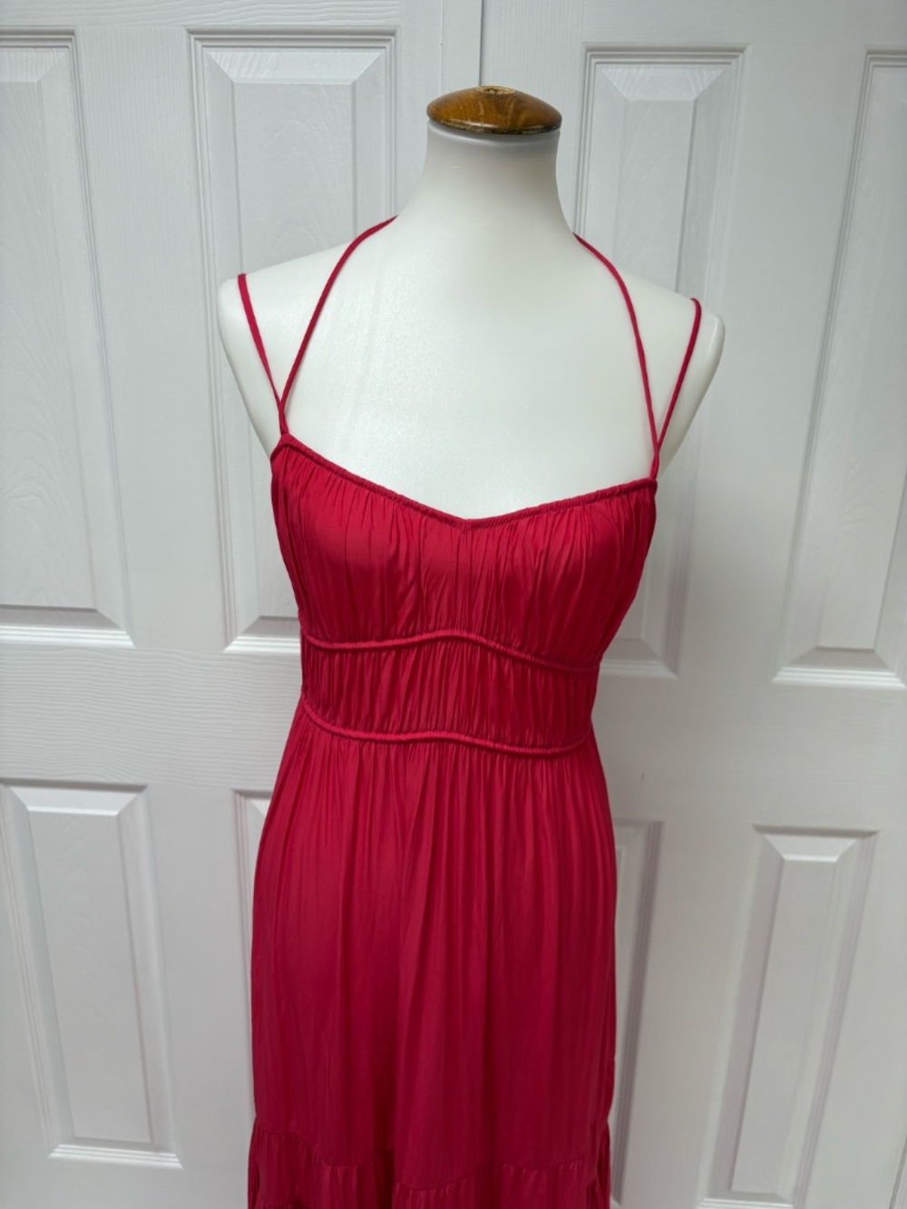 Unsubscribed Cranberry Red Crinkled Ruched Maxi Dress - Size XS. - Picture 4 of 16